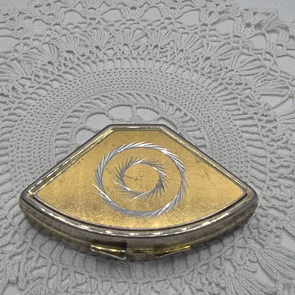 Vintage Pill Box Hong Kong Mixed Metals Gold Tone Sunburst Triangular Compact
